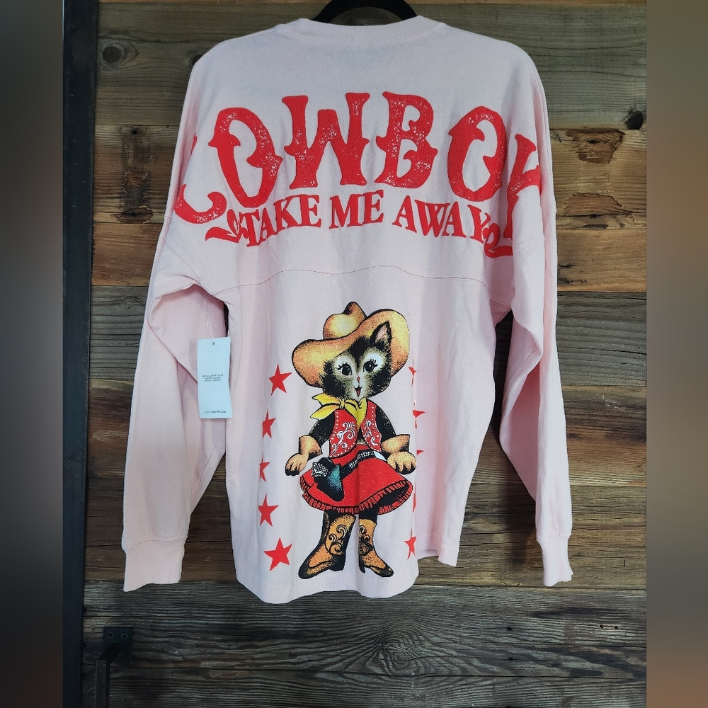 NWT Spirit Jersey Pink Cowboy Kitty Graphic Sweatshirt Size SMALL - Picture 1 of 5